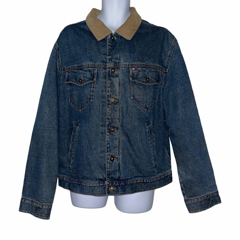 Tommy Hilfiger Outdoors Y2K Vintage 2002 Patchwork Denim Trucker Jacket Mens XL